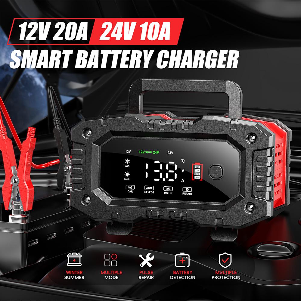 Smart Car Battery Charger 12V 24V 20A - FOXSUR 12V/20A 24V/10A Smart Battery Charger